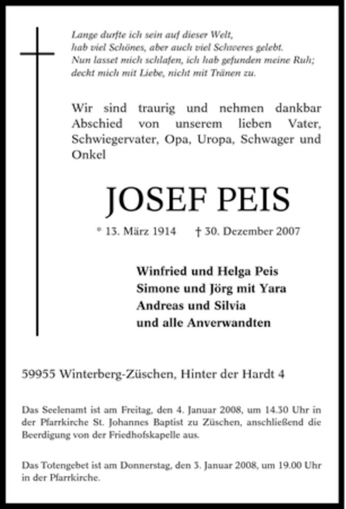  Traueranzeige für Josef Peis vom 02.01.2008 aus Tageszeitung