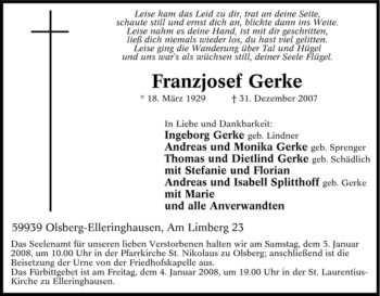 Traueranzeige von Franzjosef Gerke von Tageszeitung