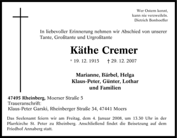 Traueranzeige von Käthe Cremer von Tageszeitung