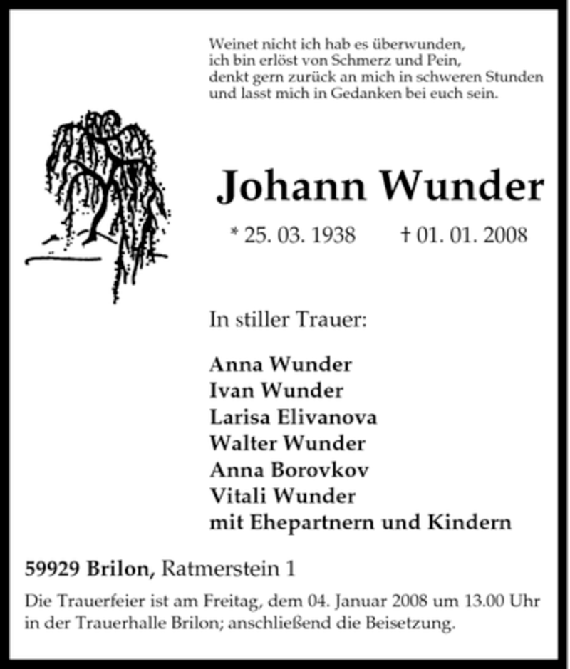  Traueranzeige für Johann Wunder vom 02.01.2008 aus Tageszeitung