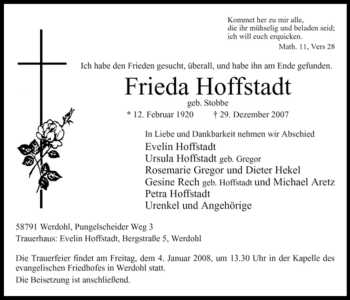 Traueranzeige von Frieda Hoffstadt von Tageszeitung