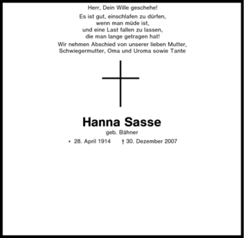 Traueranzeige von Hanna Sasse von Tageszeitung