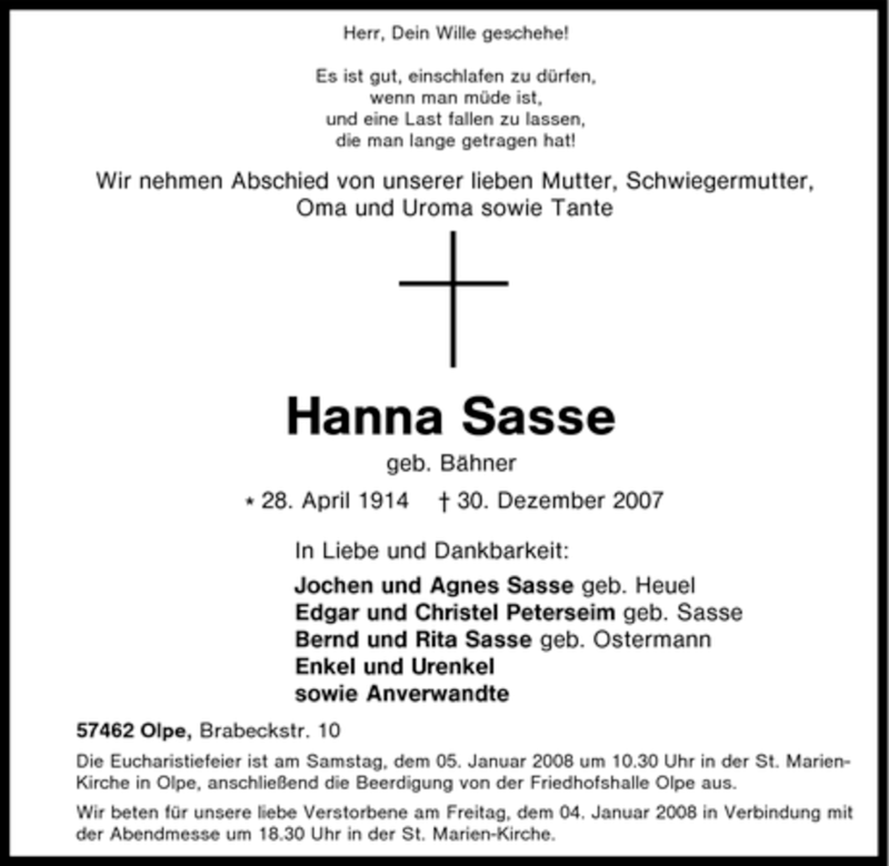  Traueranzeige für Hanna Sasse vom 03.01.2008 aus Tageszeitung