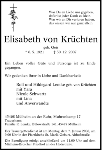 Traueranzeige von Elisabeth von Krüchten von Tageszeitung