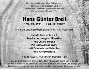 Traueranzeige von Hans Günter Breil von Tageszeitung