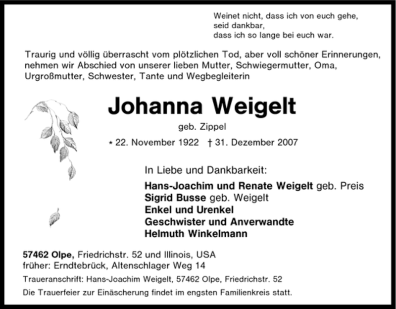  Traueranzeige für Johanna Weigelt vom 03.01.2008 aus Tageszeitung