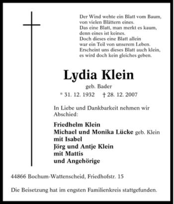 Traueranzeige von Lydia Klein von Tageszeitung