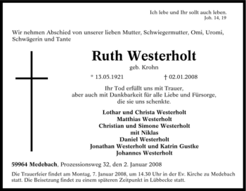 Traueranzeige von Ruth Westerholt von Tageszeitung