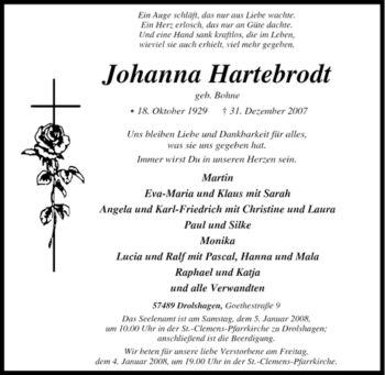 Traueranzeige von Johanna Hartebrodt von Tageszeitung
