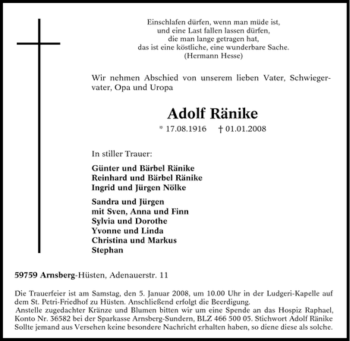 Traueranzeige von Adolf Ränike von Tageszeitung