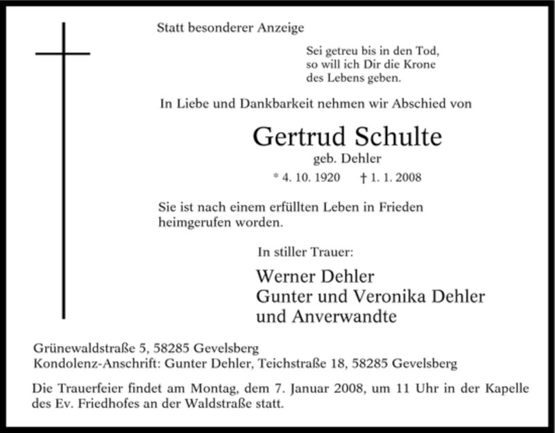  Traueranzeige für Gertrud Schulte vom 03.01.2008 aus Tageszeitung