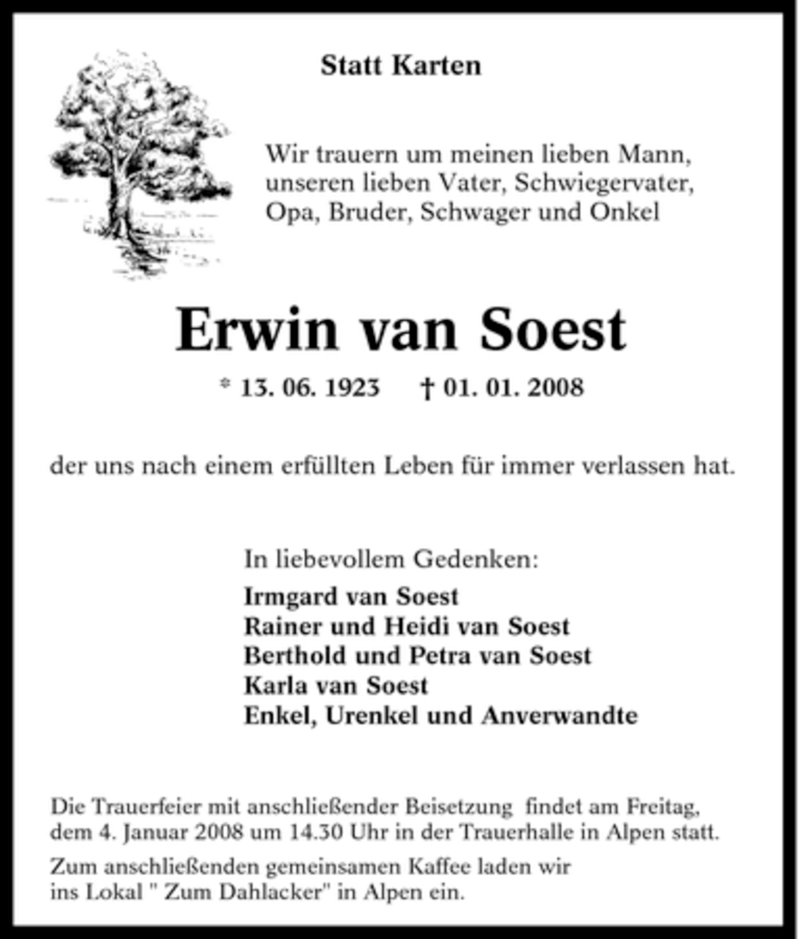  Traueranzeige für Erwin van Soest vom 03.01.2008 aus Tageszeitung