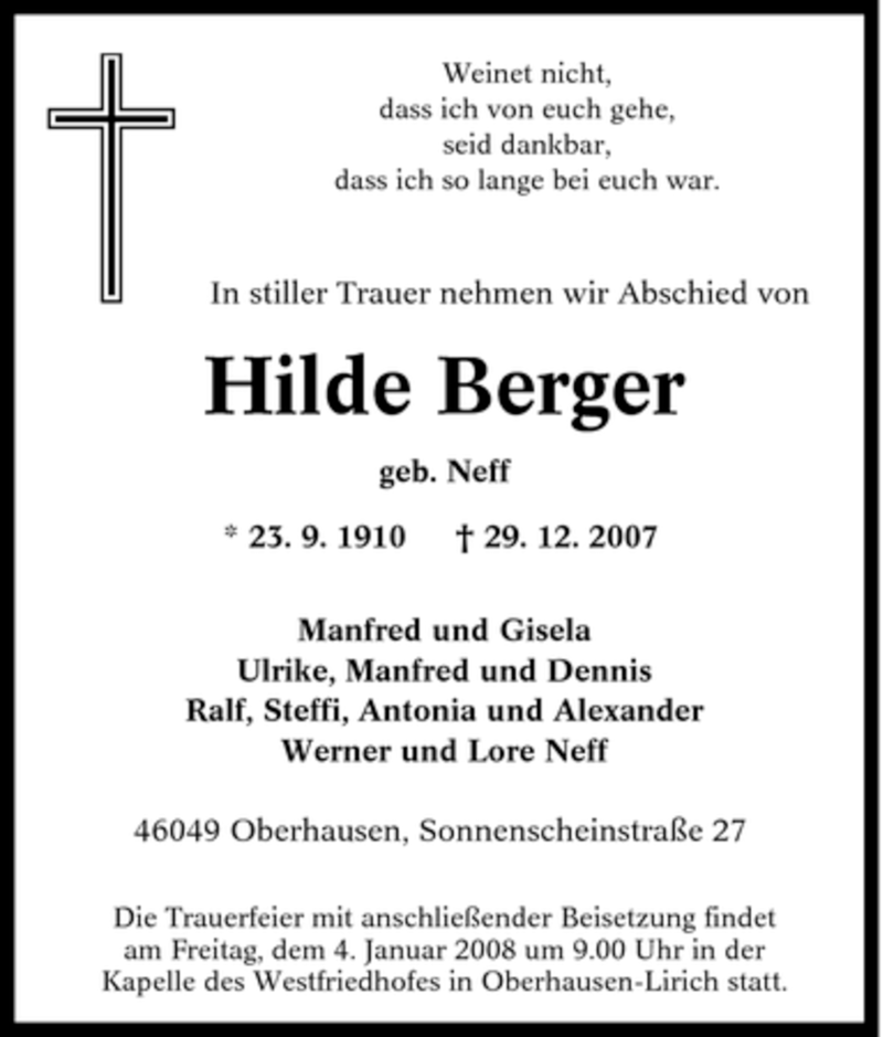  Traueranzeige für Hilde Berger vom 03.01.2008 aus Tageszeitung