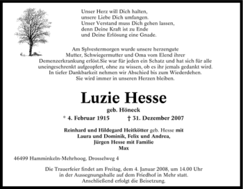 Traueranzeige von Luzie Hesse von Tageszeitung
