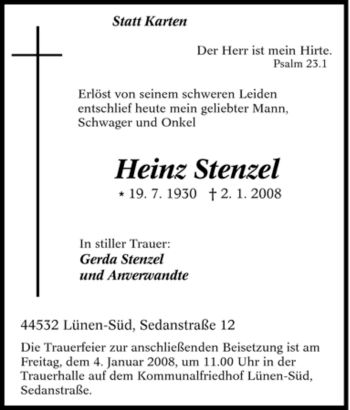 Traueranzeige von Heinz Stenzel von Tageszeitung