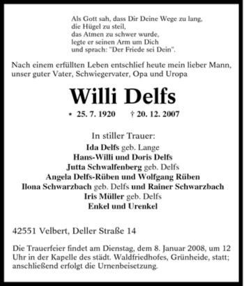 Traueranzeige von Willi Delfs von Tageszeitung