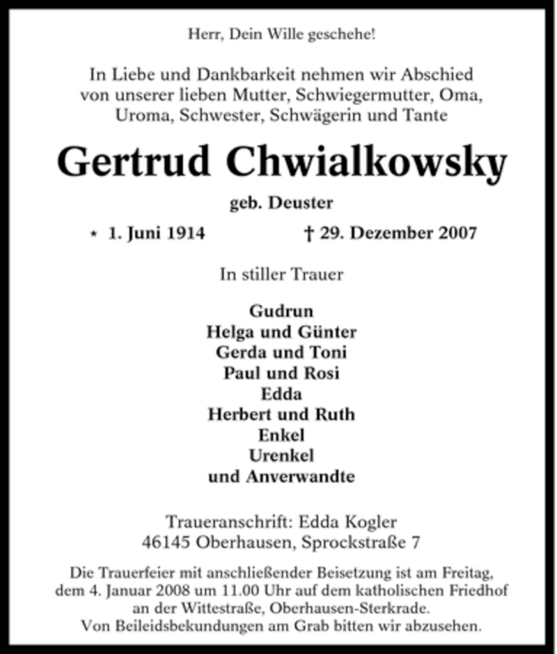  Traueranzeige für Gertrud Chwialkowsky vom 03.01.2008 aus Tageszeitung