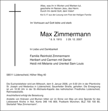 Traueranzeige von Max Zimmermann von Tageszeitung