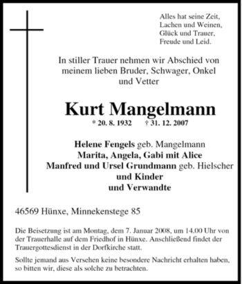 Traueranzeige von Kurt Mangelmann von Tageszeitung
