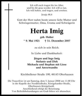 Traueranzeige von Herta Imig von Tageszeitung