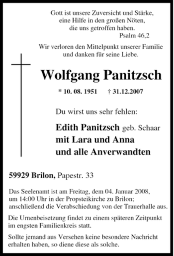 Traueranzeige von Wolfgang Panitzsch von Tageszeitung