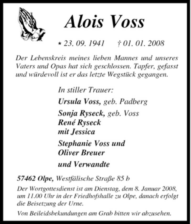  Traueranzeige für Alois Voss vom 03.01.2008 aus Tageszeitung