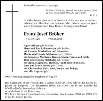 Traueranzeige von Franz Josef Bröker von Tageszeitung