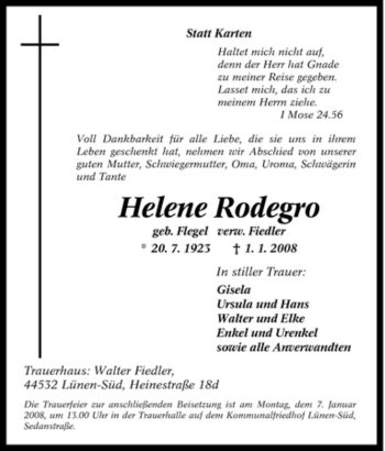 Traueranzeige von Helene Rodero von Tageszeitung