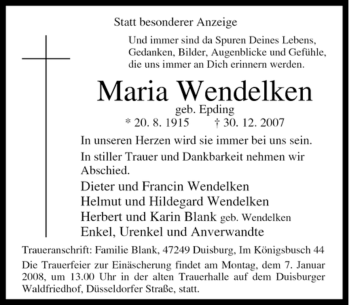 Traueranzeige von Maria Wendelken von Tageszeitung
