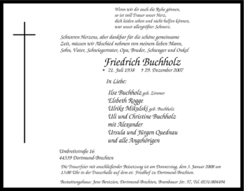 Traueranzeige von Friedrich Buchholz von Tageszeitung