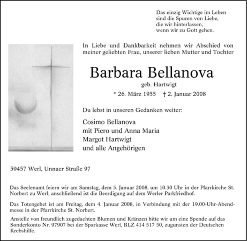  Traueranzeige für Barbara Bellanova vom 03.01.2008 aus Tageszeitung