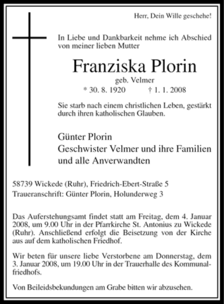 Traueranzeigen von Franziska Plorin TrauerinNRW.de
