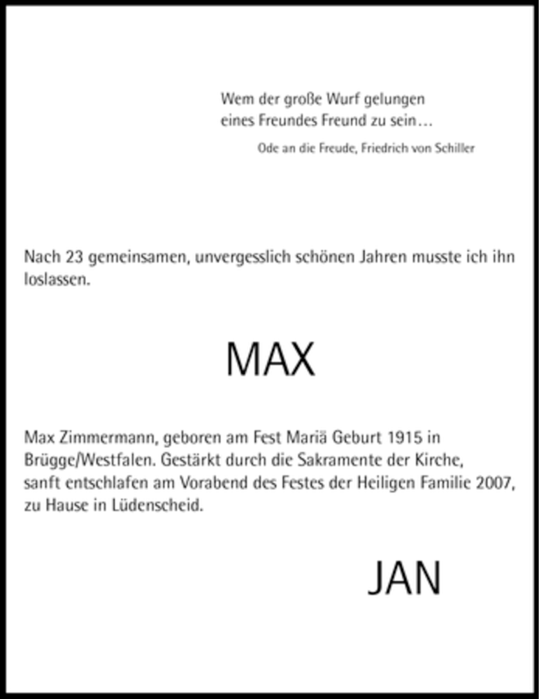  Traueranzeige für Max Zimmermann vom 03.01.2008 aus Tageszeitung