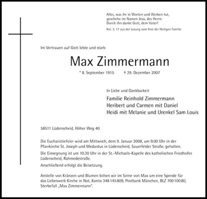  Traueranzeige für Max Zimmermann vom 03.01.2008 aus Tageszeitung