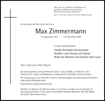 Traueranzeige von Max Zimmermann von Tageszeitung