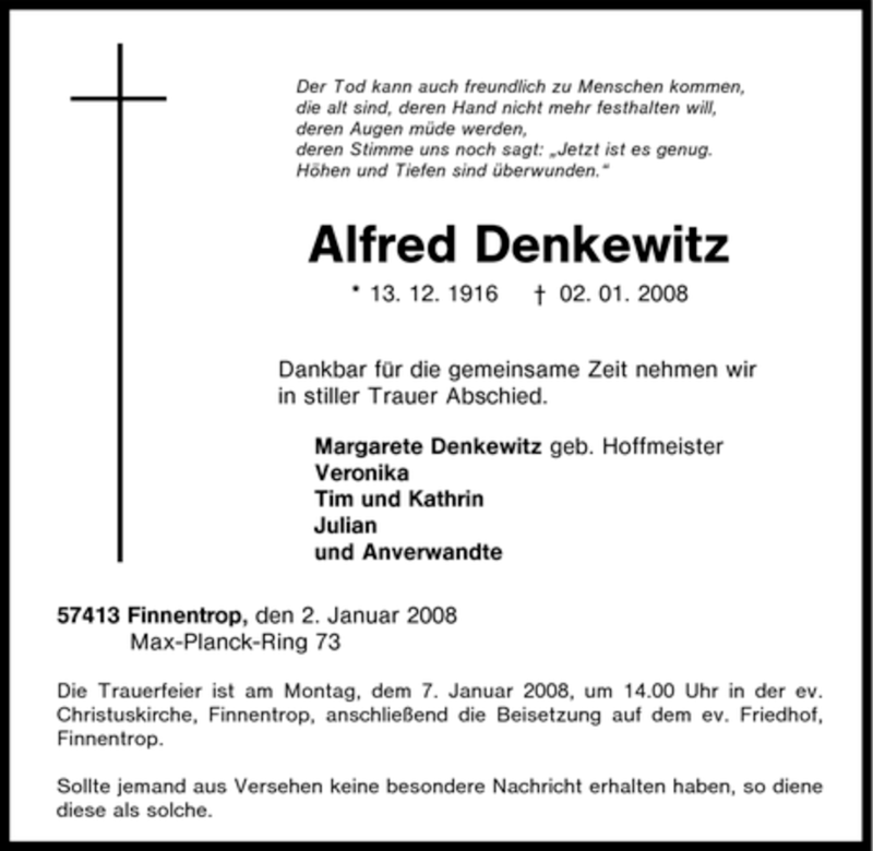  Traueranzeige für Alfred Denkewitz vom 04.01.2008 aus Tageszeitung