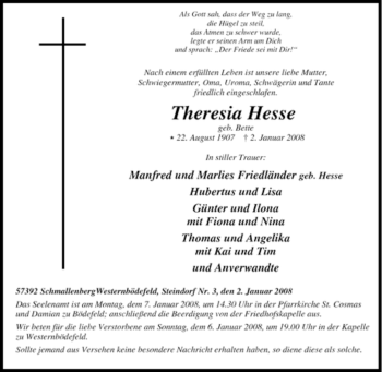 Traueranzeige von Theresia Hesse von Tageszeitung