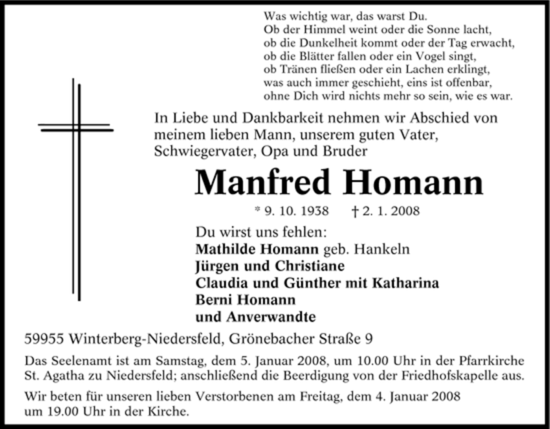  Traueranzeige für Manfred Homann vom 04.01.2008 aus Tageszeitung