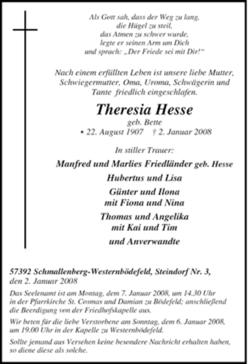 Traueranzeige von Theresia Hesse von Tageszeitung