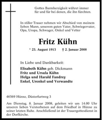 Traueranzeige von Fritz Kühn von Tageszeitung