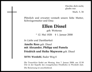 Traueranzeige von Ellen Dissel von Tageszeitung