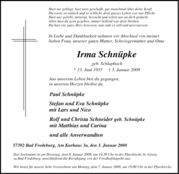 Traueranzeige von Irma Schnüpke von Tageszeitung