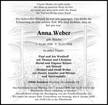 Traueranzeige von Anna Weber von Tageszeitung