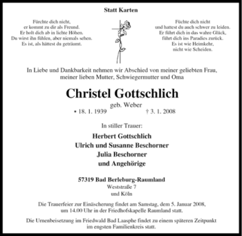 Traueranzeige von Christel Gottschlich von Tageszeitung