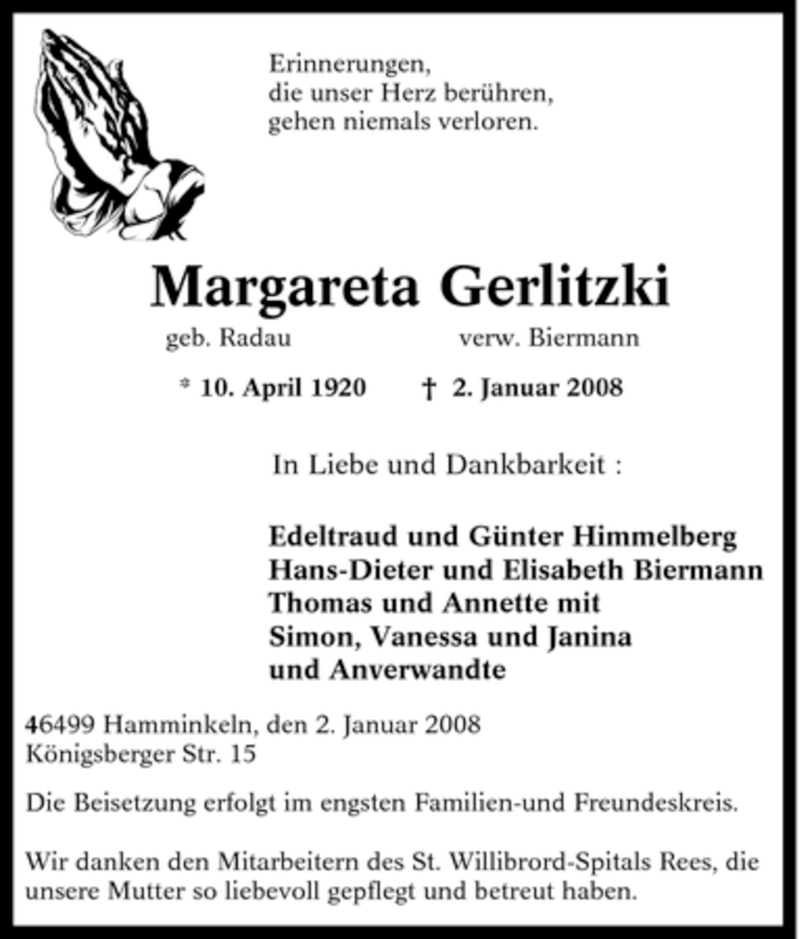  Traueranzeige für Margareta Gerlitzki vom 04.01.2008 aus Tageszeitung