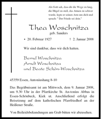 Traueranzeige von Thea Woschnitza von Tageszeitung