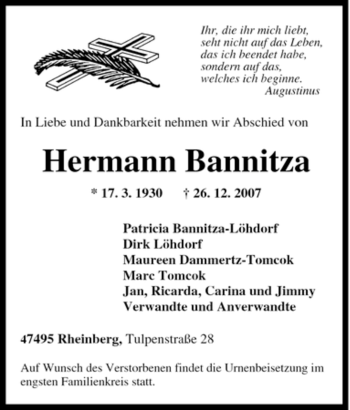 Traueranzeige von Hermann Bannitza von Tageszeitung