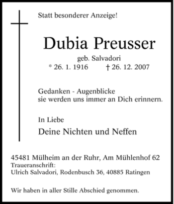 Traueranzeige von Dubia Preusser von Tageszeitung