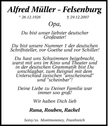 Traueranzeige von Alfred Müller von Tageszeitung