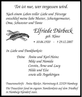 Traueranzeige von Elfriede Dürbeck von Tageszeitung